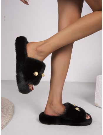 Bead Decor Fluffy Bedroom Slippers