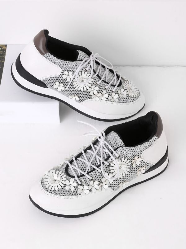 Flower Embellished Lace Up Sneakers