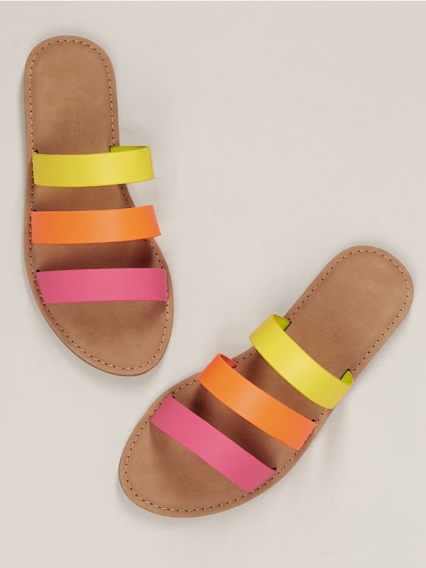 Neon Triple Straps Flat Slide Sandals