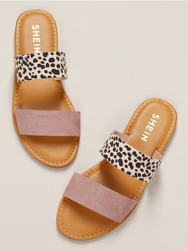 Blush Leopard Two Band Flat Slide Sandals