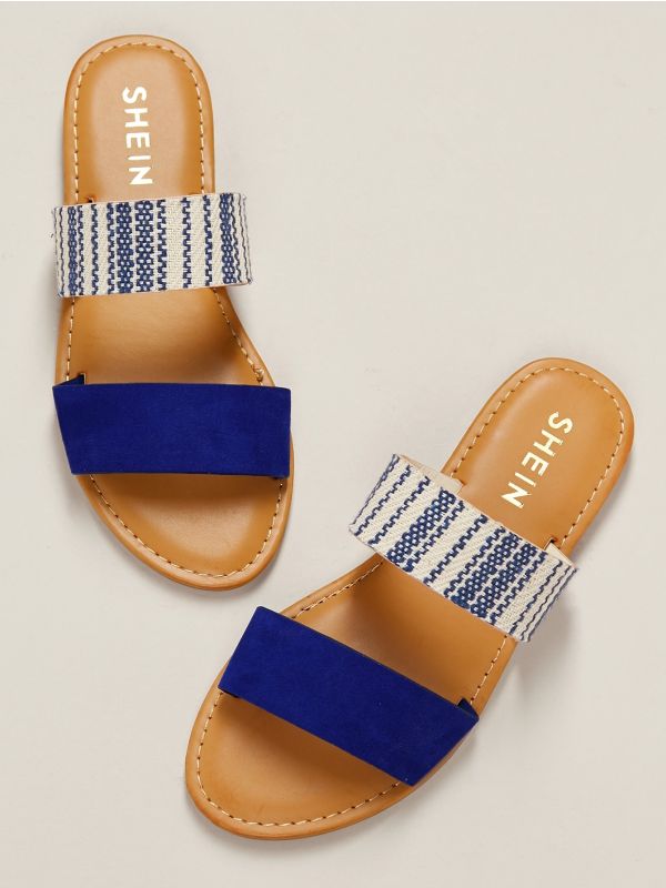 Blue Striped Duo Band Slip On Flat Sandals