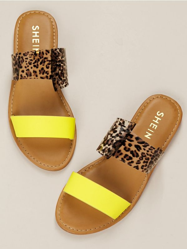 Twin Straps Neon And Clear Leopard Slide Sandals