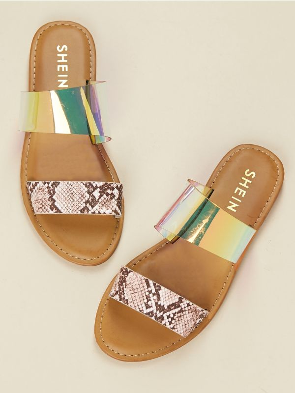 Snakeskin And Iridescent Band Open Toe Sandals