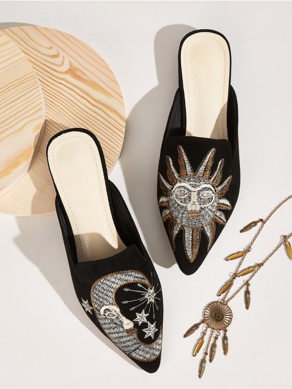Point Toe Embroidered Flat Mules