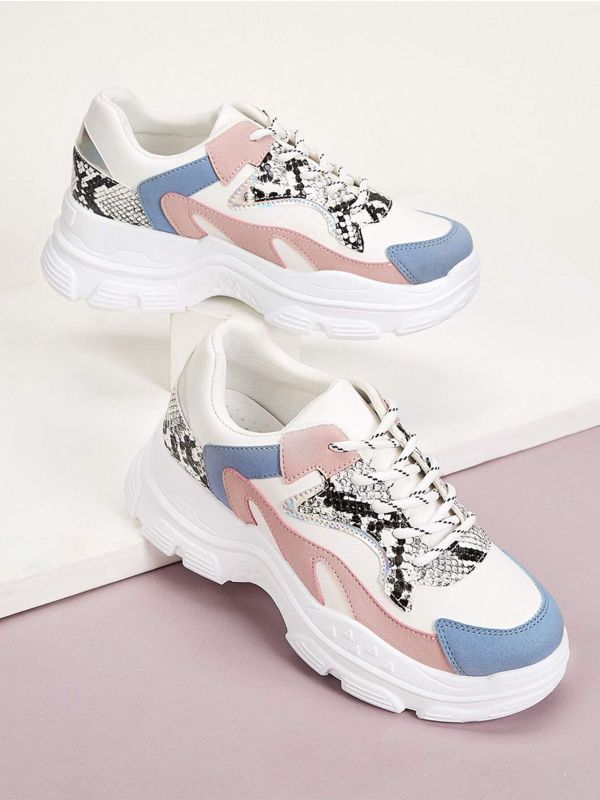 Lace-up Front Snakeskin Chunky Sneakers