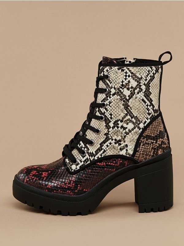 Snakeskin Lace Front Lug Sole Combat Boots