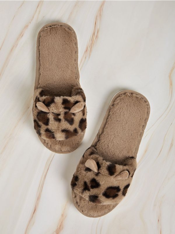 Open Toe Leopard Fluffy Slippers