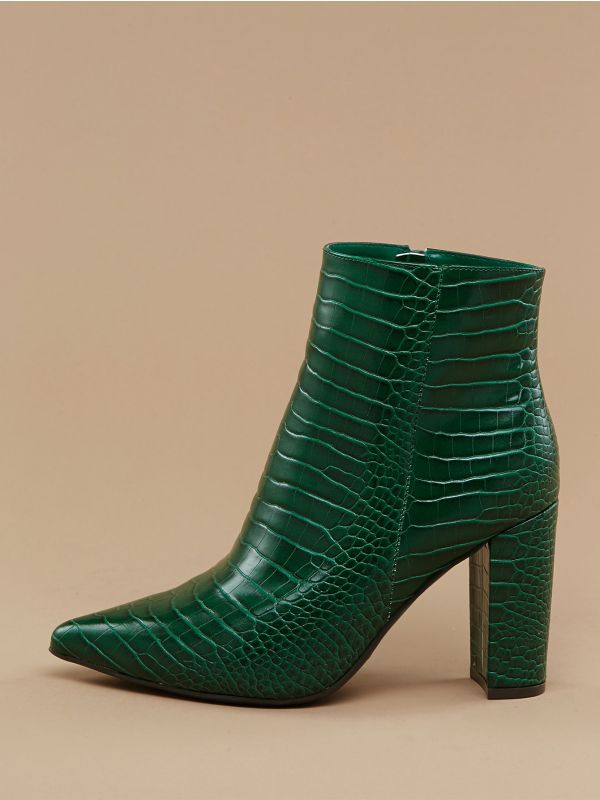 Croco Embossed Pointy Toe Block Heel Ankle Boots