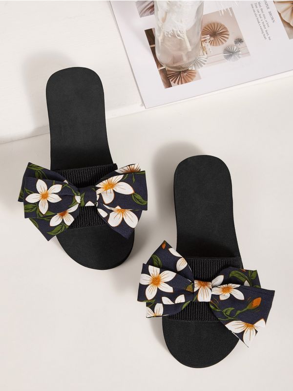 Floral Pattern Bow Decor Open Toe Sliders