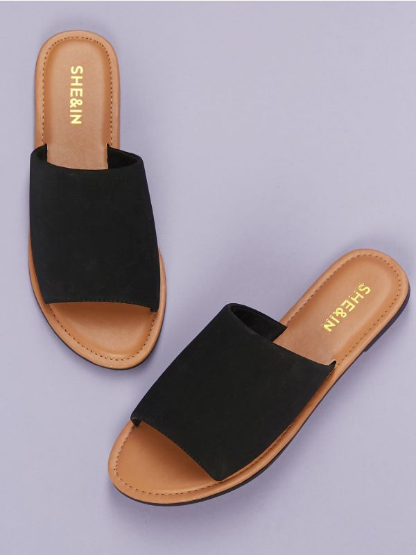 Open Toe Wide Band Flat Slide Sandals