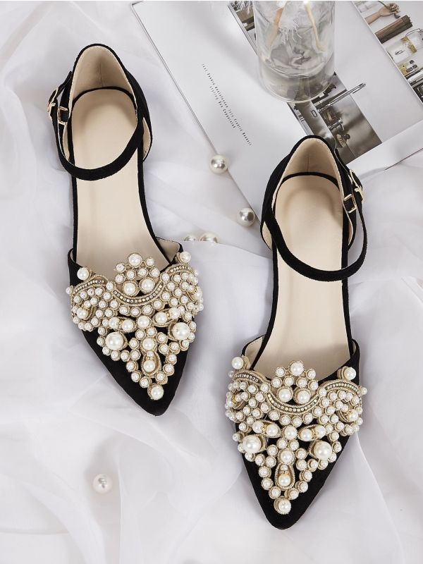 Point Toe Faux Pearl Decor Ankle Strap Flats