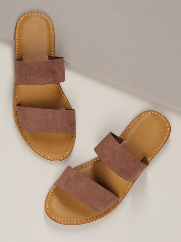 Dual Bands Open Toe Flat Slide Sandals