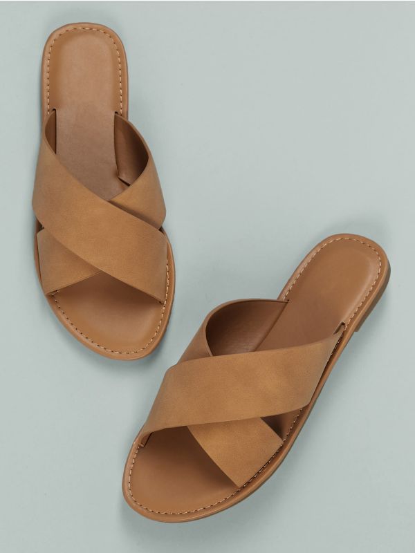 Overlap Open Toe Flat Slide Sandals