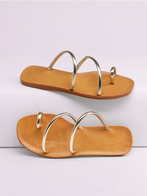 Metallic Toe Ring Strappy Flat Slide Sandals