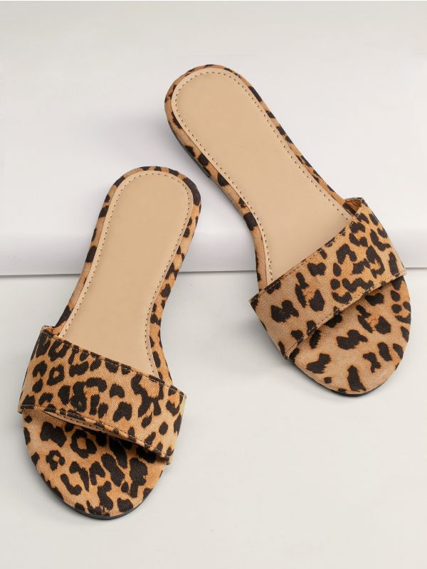 Leopard Open Toe Flat Slide Sandals