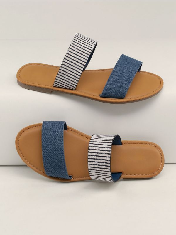 Double Denim And Stripe Band Flat Slide Sandals