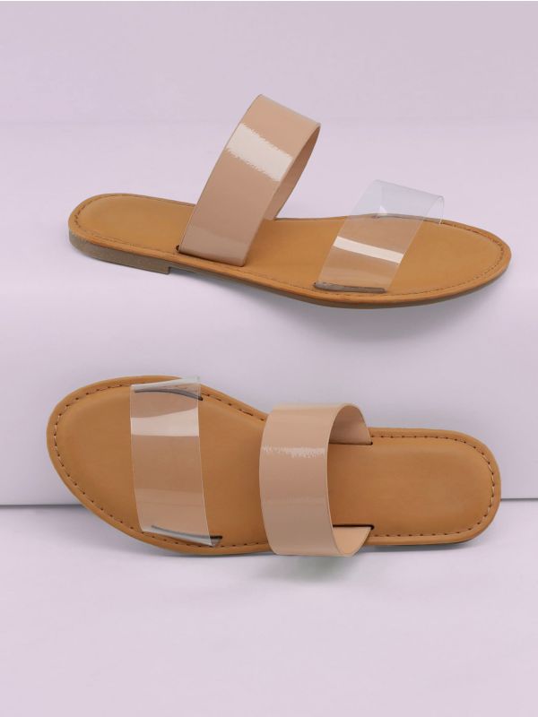 PVC Twin Bands Flat Slide Sandals