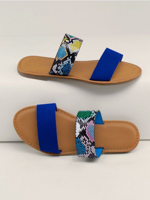Neon And Snakeskin Twin Band Slide Sandals
