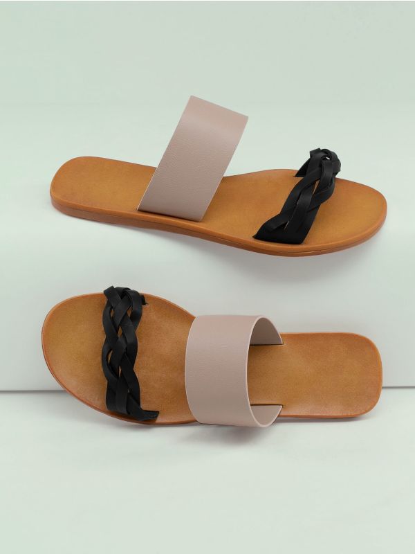 Braided Band Open Toe Flat Slide Sandals