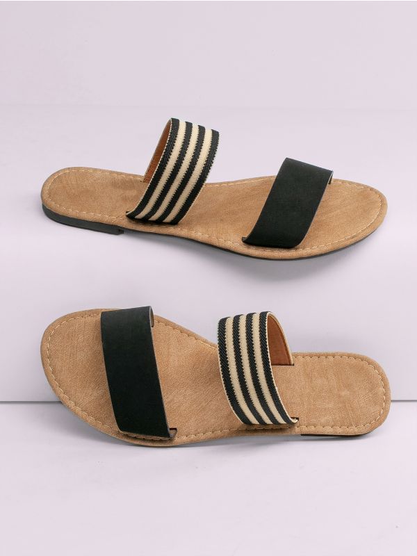 Twin Stripe Band Flat Slide Sandals