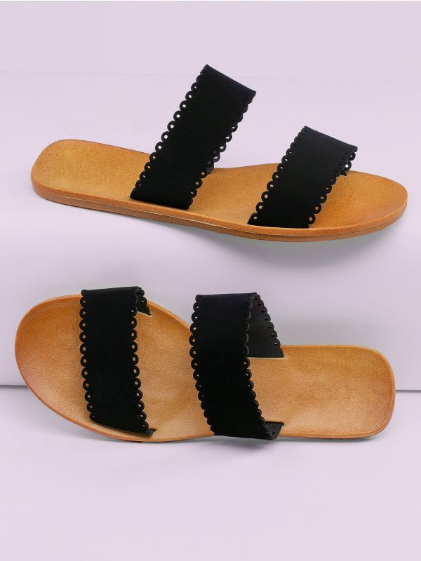 Scalloped Edge Double Band Flat Slide Sandals