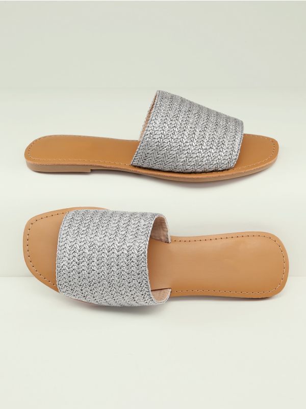 Open Toe Wide Woven Band Slide Sandals