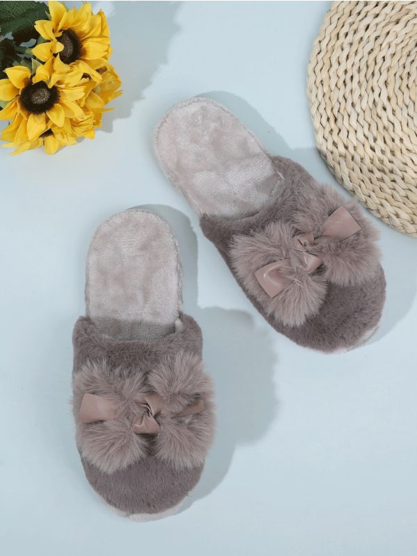 Round Toe Bow Decor Fluffy Slippers