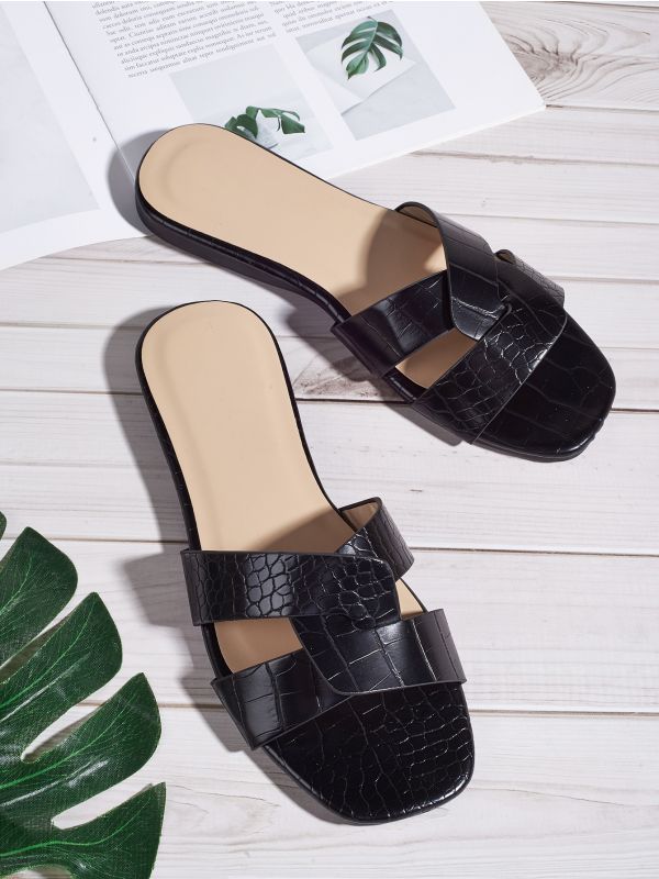 Open Toe Croc Embossed Slide Sandals