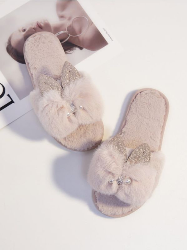 Glitter & Bow Decor Fluffy Slippers