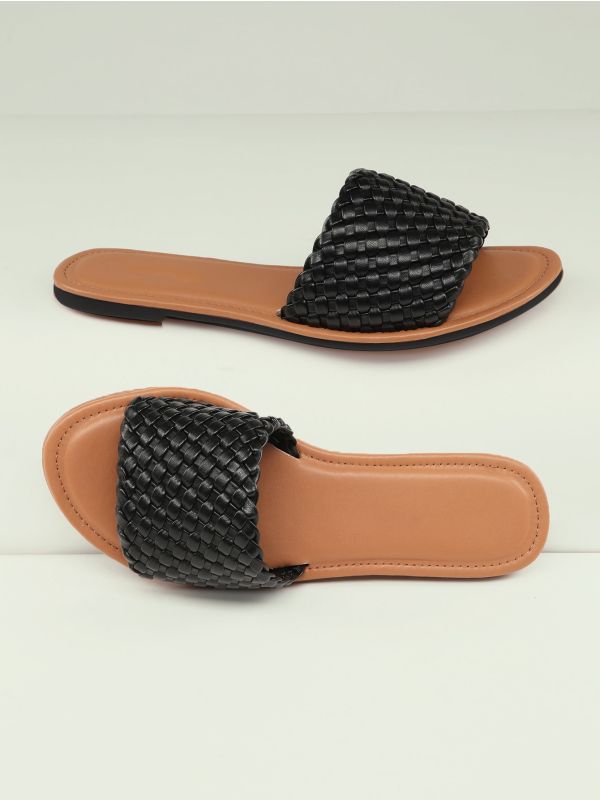 Faux Leather Basketweave Slip-On Sandals