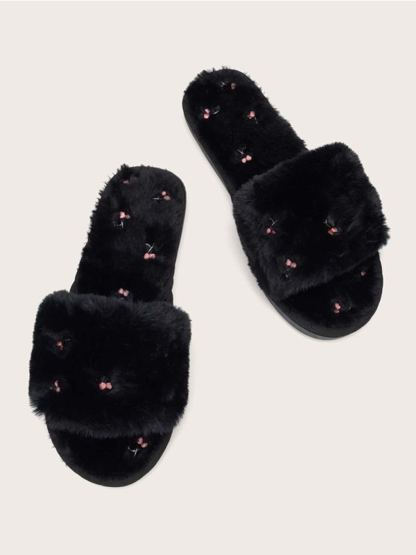 Cherry Embroidery Fluffy Slippers
