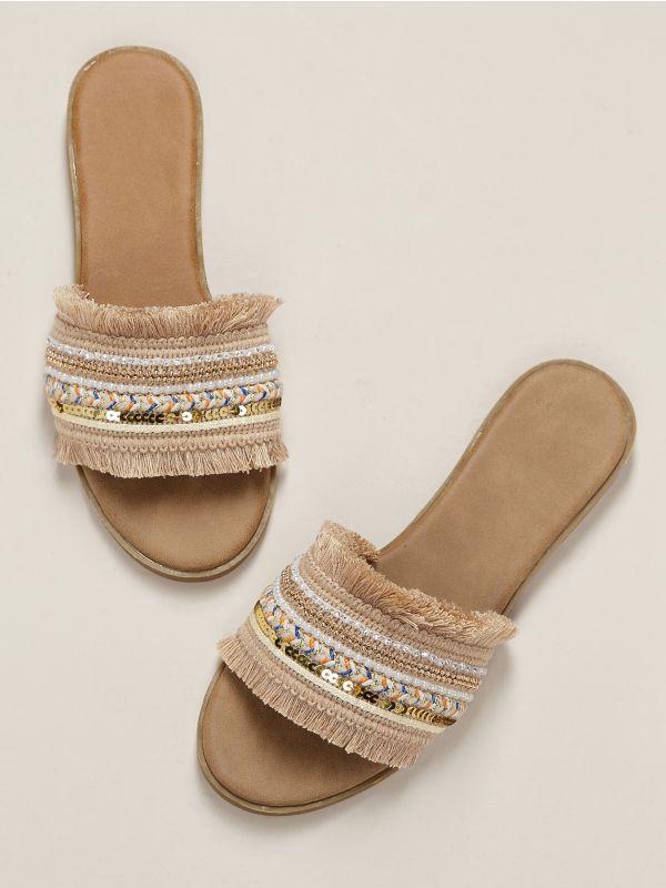 Decorated Sequin Fringe Band Flat Slide Sandals