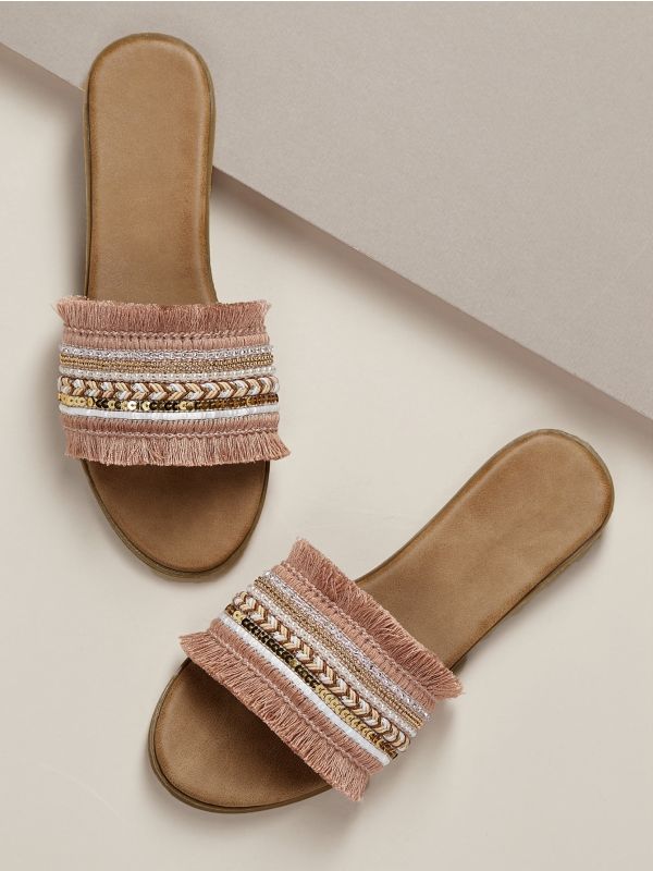 Embellished Wide Band Flat Slide Sandals