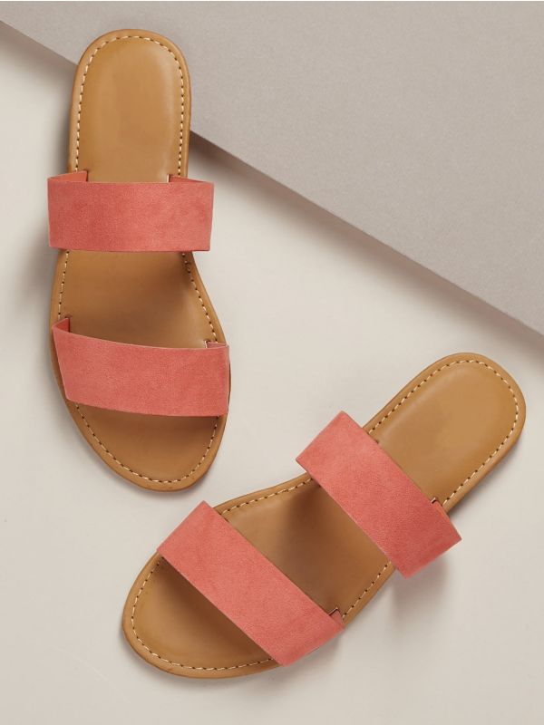 Twin Bands Open Toe Flat Slide Sandals