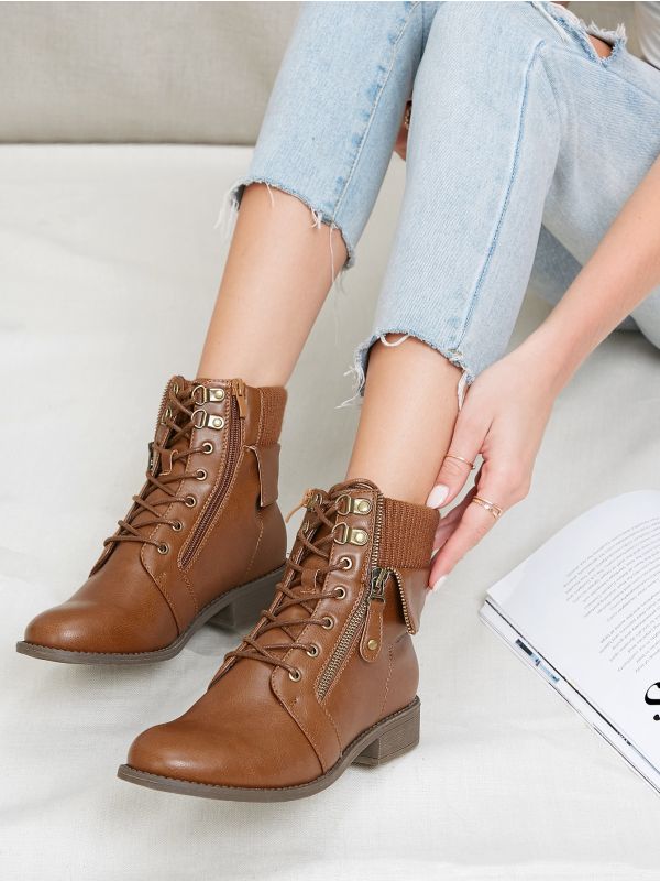 Stretch Knit Collar Lace Up Walking Boots