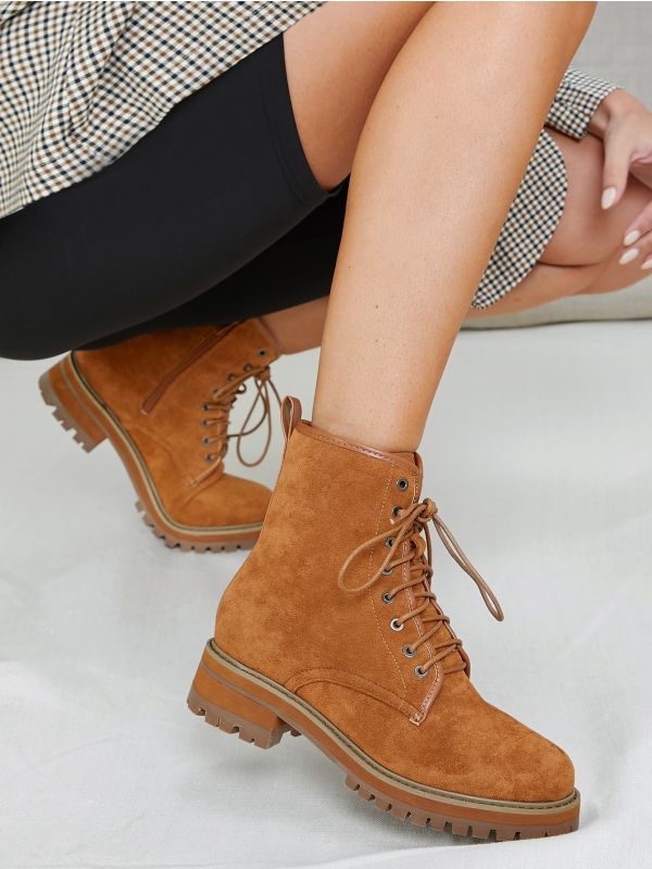 Fake Suede Zippered Laced Ankle Boots