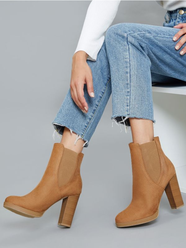 Almond Toe Stretch Sides Stacked Heel Ankle Boots