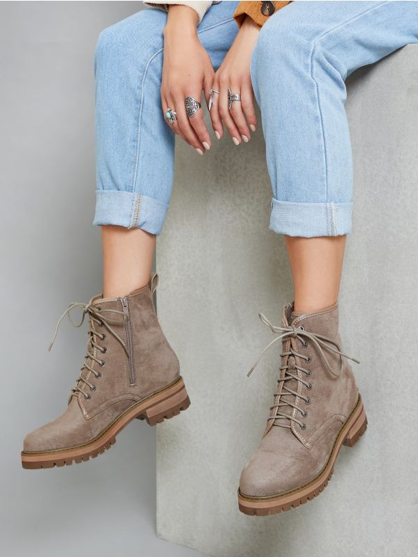Fake Suede Zippered Laced Ankle Boots