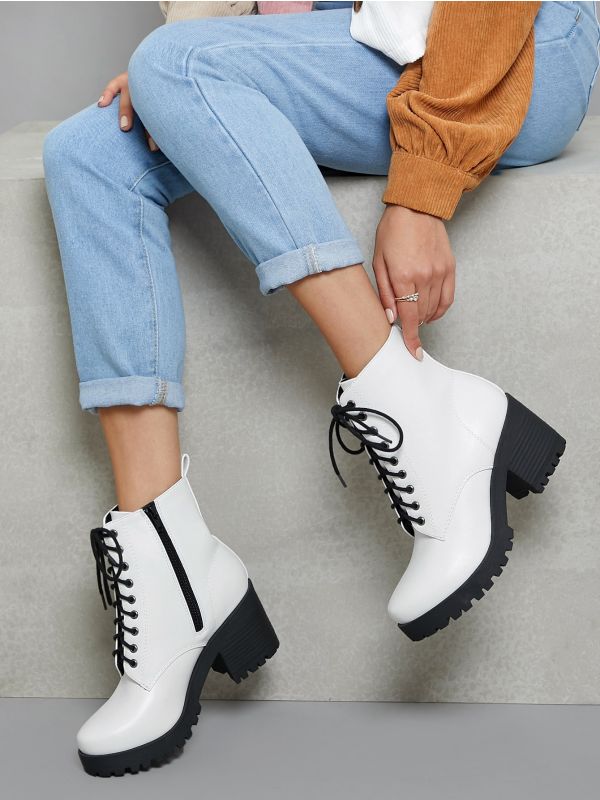 Faux Leather Lace-Up Block Heel Combat Boots