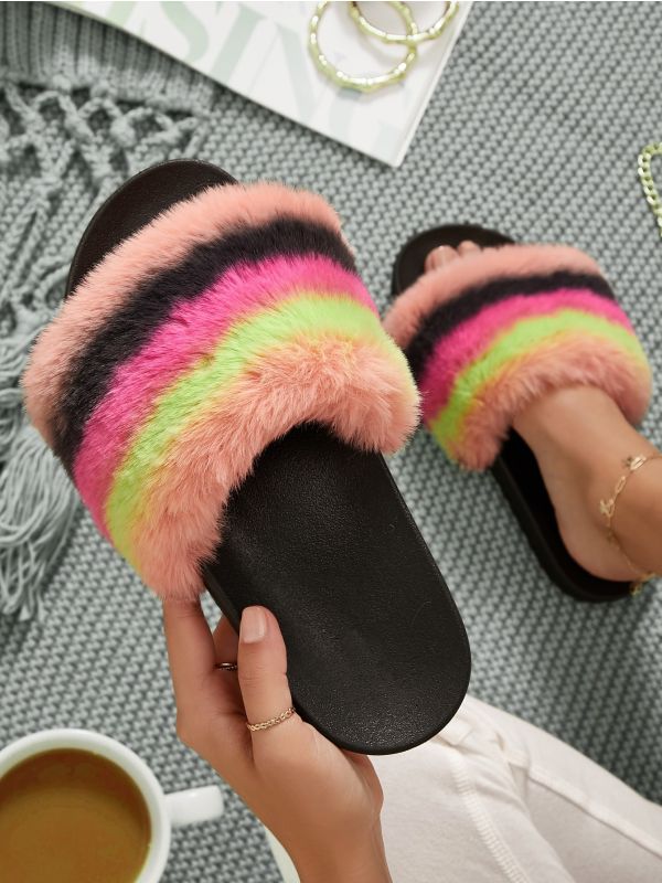 Plush Multicolored Open-Toe Slippers