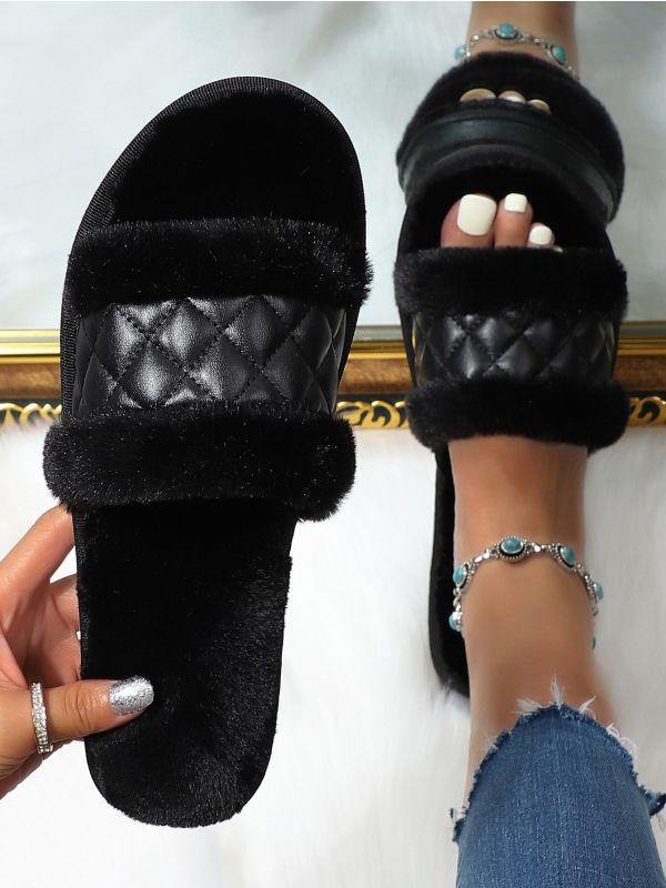 Contrast PU Quilted Fluffy Slippers