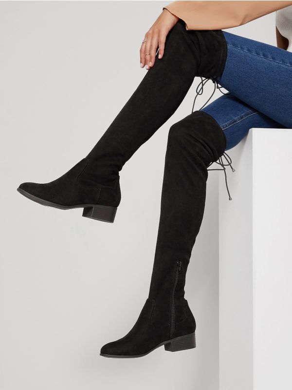 Thigh High Low Heel Back Tie Boots