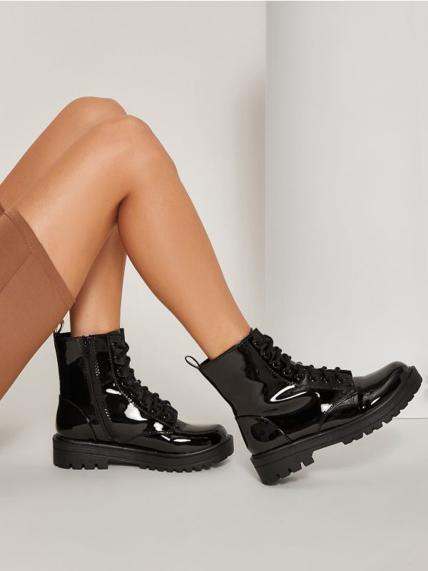 Faux Patent Leather Lace Up Combat Boots