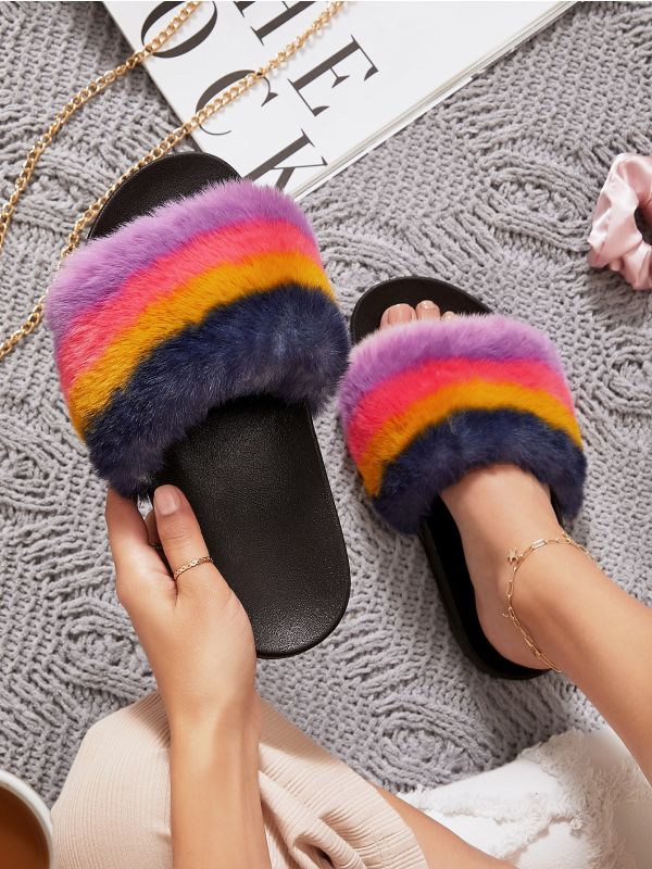 Fuzzy Colorful Vamp Open-Toe Slippers