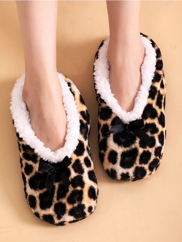 Bow Decor Leopard Fluffy Slippers