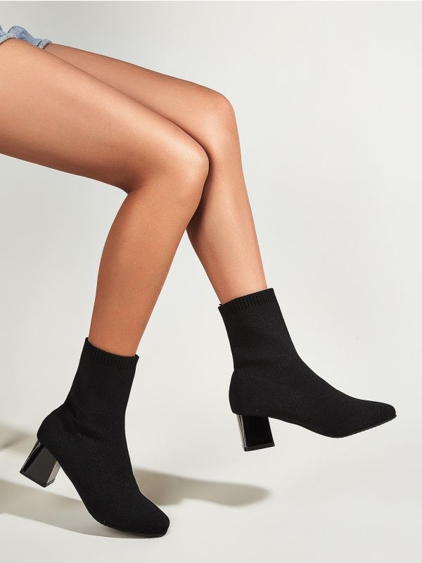 Point Toe Chunky Heeled Sock Boots