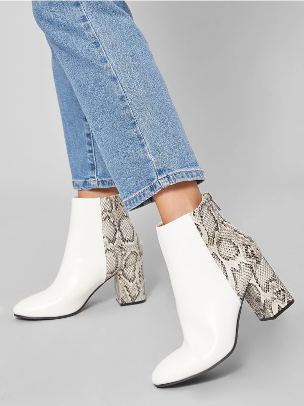 Almond Toe Two Tone Snake Block Heel Ankle Boots