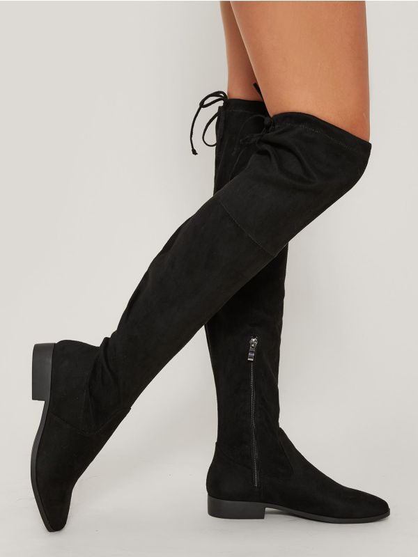 Almond Toe Over The Knee Back Tie Boots