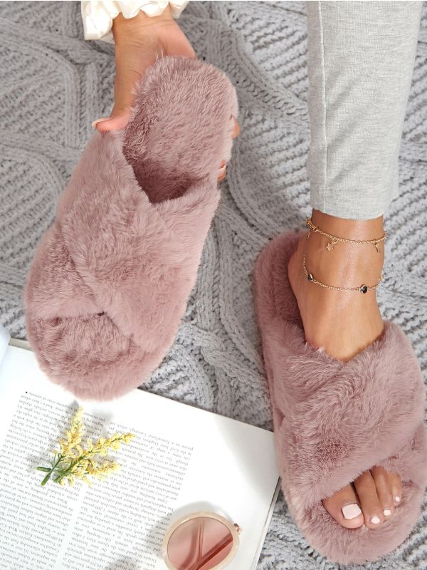 Furry Open-Toe Crisscross Vamp Slide Sandals