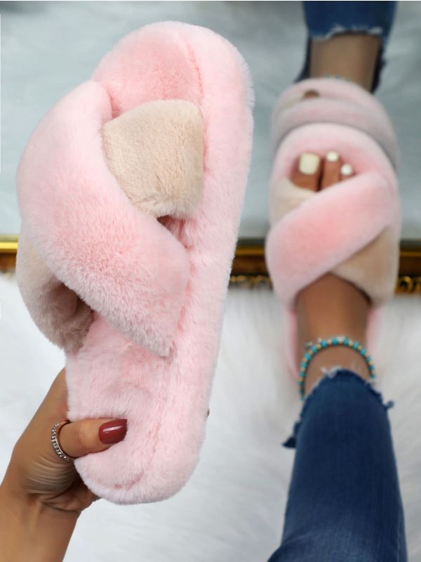 Two Tone Cross Strap Fluffy Slippers